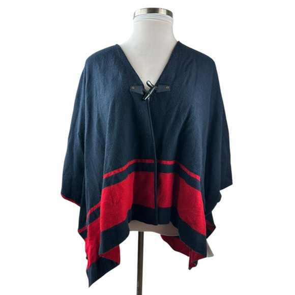 Lauren Ralph Lauren Intarsia Knit Two Tone Poncho Navy Blue Red Toggle Sz L/XL - Picture 2 of 16